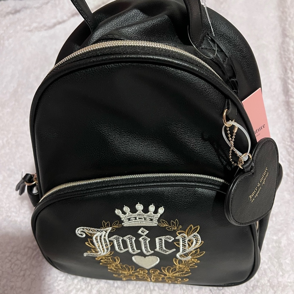 NWT JUICY BLACK FAUX LEATHER SMALL/MEDIUM BACKPACK  WITH JUICY ON THE FRONT